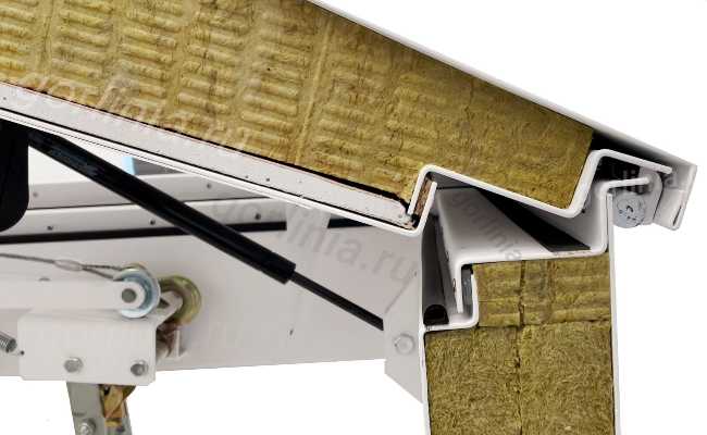 Люк выхода на кровлю Небоскреб узел петли в разрезе крышка с минеральной ватой, огнеупорным ГКЛ, уплотнителем, лентой и терморазрывом